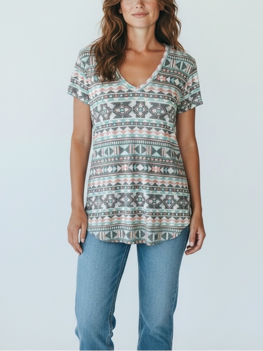 Kirra Western Aztec Print Short Sleeve Open Back Tee Shirt Top Womens Large‎